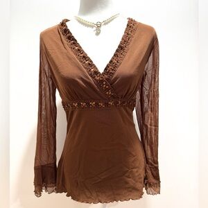 Vintage Y2K Apt. 9 Brown Ruffled Sequin Babydoll Long Sleeve Blouse